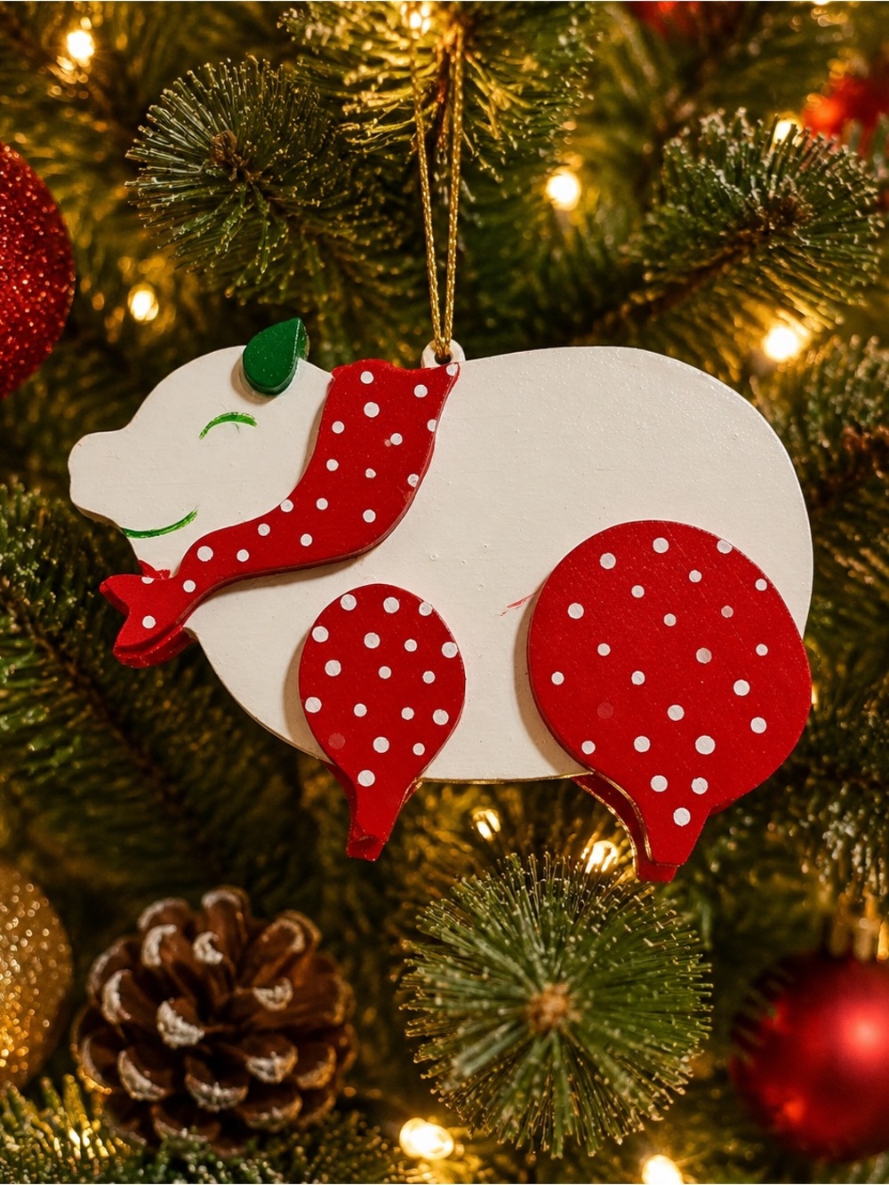 Vintage Pig Wooden Christmas Ornament Green Red White Polka Dot 4”